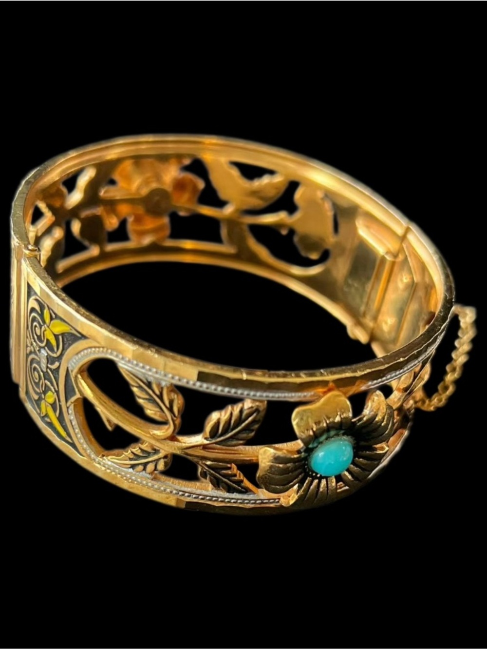 ✨Beautiful Spanish Damascene Gold-Tone Bracelet with Turquoise Cabochon